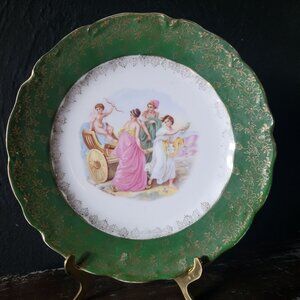 Antique KPM Grach Plate Cupid in Chariot & Three Muses Ladies Green & Gold Trim